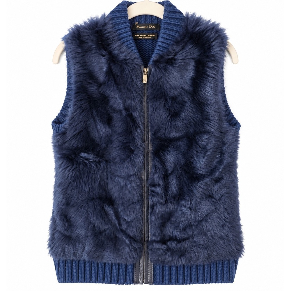 Massimo Dutti Womens M Navy Faux Fur Vest Wool Angora Cashmere Knit Zip Luxury